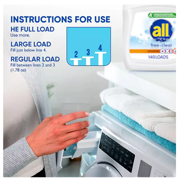 all Free Clear Liquid Laundry Detergent, Advanced Oxi, 140 loads, 250 fl. oz.